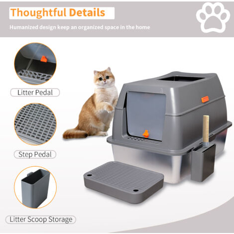 BingoPaw XL Stainless Steel Cat Litter Box Enclosed Cat Toilet with Poop Scooper Footboard