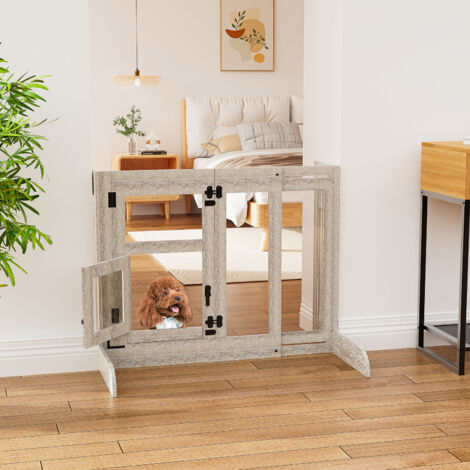 Clear Tempered Glass Wood Freestanding Pet Gate Large Expandable Dog Barrier Pet Fence