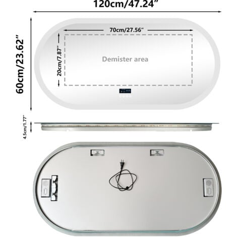 1200x600mm Illuminated Led Bathroom Mirror Bluetooth with Demister Pad Oval Backlit Wall Mounted - 1200mm