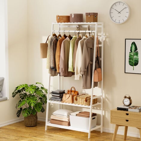 Bamboo Clothes Rail Rack Garment Stand with Top Shelf Shoe Storage Ladder Rails, White