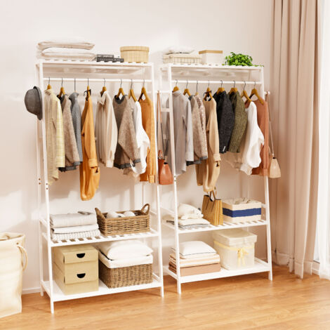 Bamboo Clothes Rail Rack Garment Stand with Top Shelf Shoe Storage Ladder Rails, White
