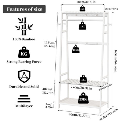 Bamboo Clothes Rail Rack Garment Stand with Top Shelf Shoe Storage Ladder Rails, White