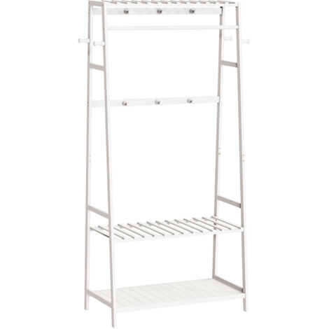 Bamboo Clothes Rail Rack Garment Stand with Top Shelf Shoe Storage Ladder Rails, White