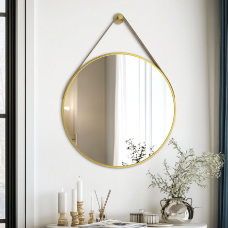 Gold Round Wall Mirror Bathroom Bedroom Makeup Dressing Leather Strap Hanging Mirror - 80cm