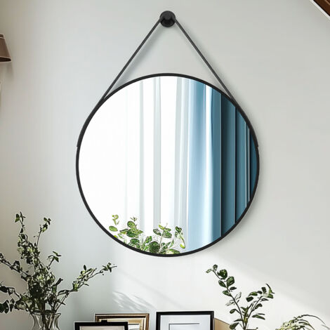 Black Round Wall Mirror Bathroom Bedroom Makeup Dressing Leather Strap Hanging Mirror - 80cm