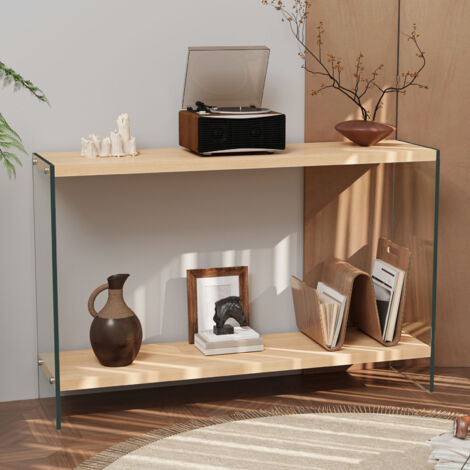 Deluxe Tempered Glass Console Table with Storage Wood Shelf Entryway Foyer Table - 120cm Long (1/5)