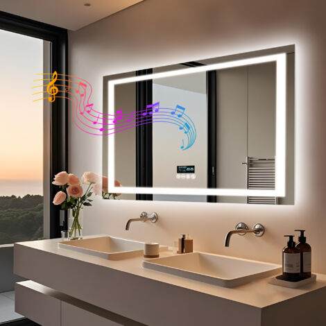 LUVODI Smart LED Bathroom Mirror Makeup Mirror with Bluetooth Speaker and Digital Display, 1000mm x 700mm (1/5)
