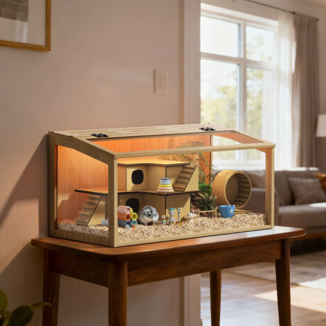 Large Wooden Hamster Cage Clear Glass Playpen House with LED Lights for ...