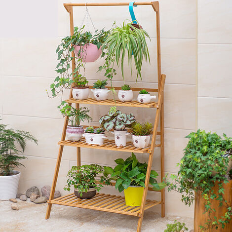 Garden Yard Bamboo Plant Stand Folding 3 Tier Hanging Multi Flower Display Shelf,100cm