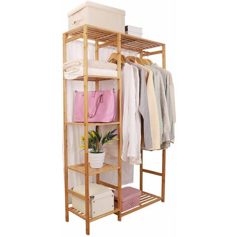 Garment Hanging Stand Rack Hat Clothes Rail Wooden Shoe Storage Shelf w/ Curtain