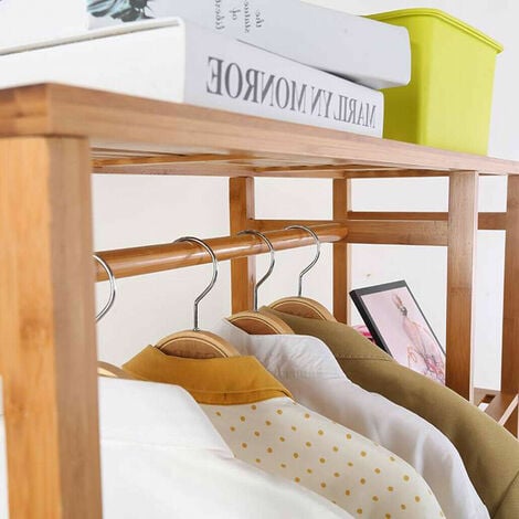 Garment Hanging Stand Rack Hat Clothes Rail Wooden Shoe Storage Shelf w/ Curtain