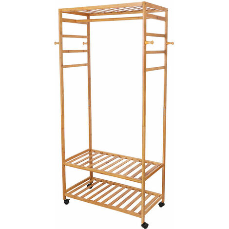 Wooden Clothes Rail Hanging Garment Shoe Rack Rolling Stand Portable ...