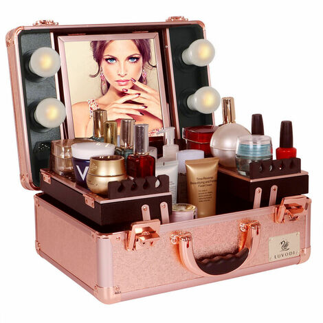 Large Cosmetics Beauty Make up Case Hairdressing Vanity Box with Lights Mirror, Rose Gold