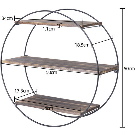 3-Tier Geometric Circle Metal Floating Shelves – Rustic Brown Pine & Black Iron, Wall Mounted, 50cm, Contemporary