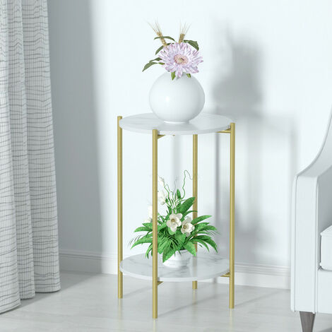 2 Tiers Solid Marble Top Round Coffee Table Lounge Living Room Modern Gold Legs