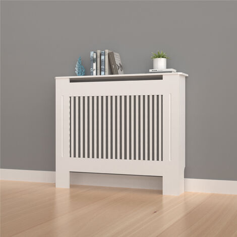 91cm Tall Radiator Cover Modern White Cabinet Vertical MDF Slats Wood Grill Furniture, Small 78 x 19 x 92.2cm