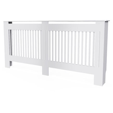 91cm Tall Radiator Cover Modern White Cabinet Vertical MDF Slats Wood Grill Furniture, Large 152 x 19 x 92.2cm