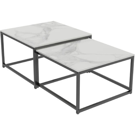 2 Modern Vein Coffee Nesting Table Set Side End Table Anti Scratch Marble Square for Living Room Bedroom Office, White