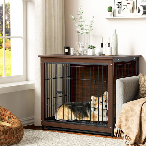 Dog Cage Kennel Indoor Wooden Cage Crate with Tray Pet House Vintage End Table,Small