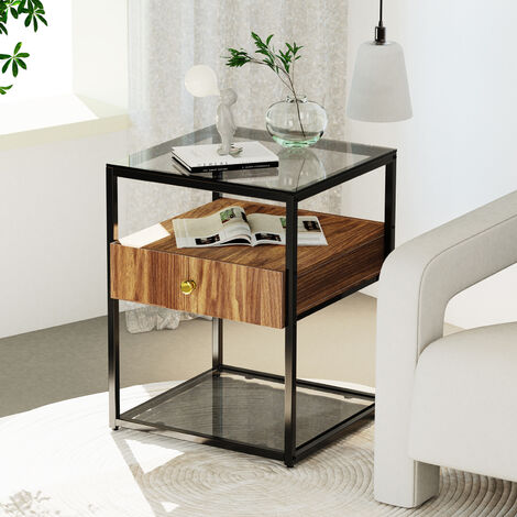 3 Tier Modern Night Stand Bedside Table with Storage Drawer Glass Tabletop Shelf
