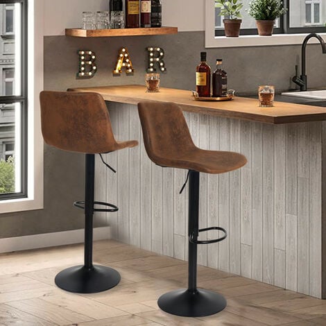 Retro Brown Bar Stools Set of 2 Kitchen Counter 360 Swivel Lift