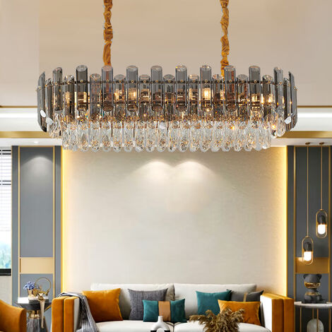 Ceiling Lamp Smoke Gray Clear Crystal Chandelier E14 Bulbs Raindrop Pendant Light, 80cm