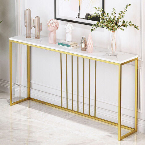 Slim Narrow Hallway Console Table Scratch-proof Marble 120cm Long Bar Table Gold Legs, White