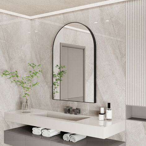 Wall-Mounted Mirror for Bathroom Dressing Room Bedroom Corridor Aluminum Alloy Black Framed Wall Mirror, Arch 96 x 66cm