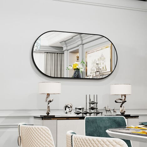 Wall-Mounted Mirror for Bathroom Dressing Room Bedroom Corridor Aluminum Alloy Black Framed Wall Mirror, Oval 100 x 50cm