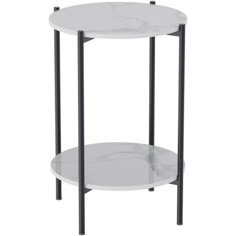 2 Tiers Solid Marble Top Round Coffee Table Lounge Living Room Modern Black Legs