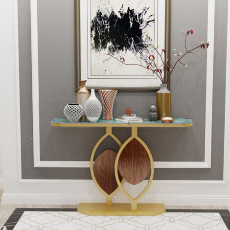 Console Table, Marble Table, Modern Sofa or Entryway Table, Golden Metal Frame for Living Room Hallway, Main Blue