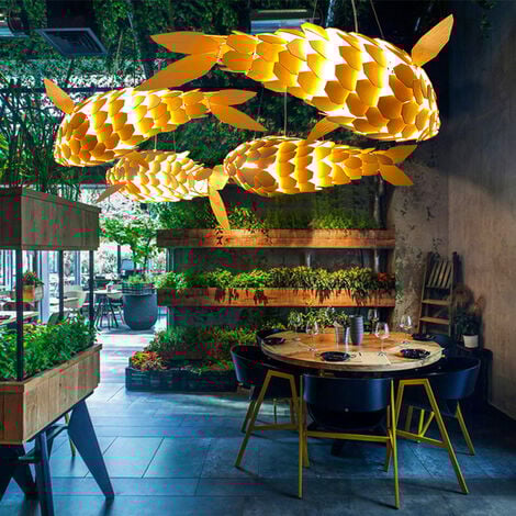 Large Fish Wooden Ceiling Chandelier Lamp Shade Bedroom Hanging Lantern Light Led Strips, 100cm