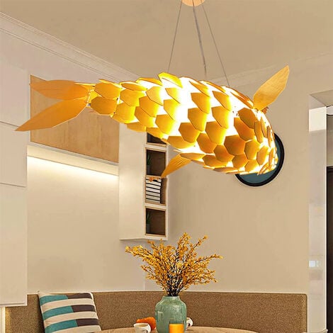 Large Fish Wooden Ceiling Chandelier Lamp Shade Bedroom Hanging Lantern Light Led Strips, 100cm