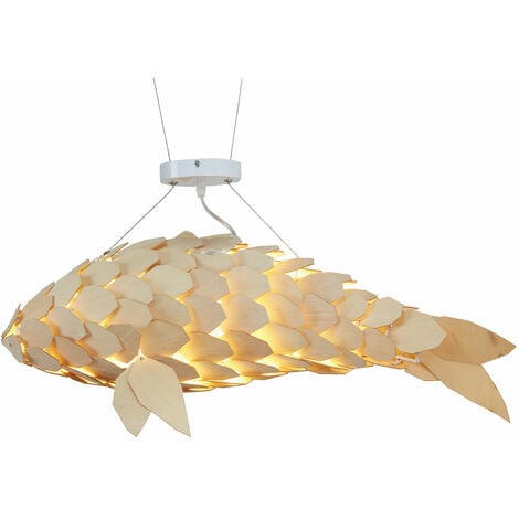 Large Fish Wooden Ceiling Chandelier Lamp Shade Bedroom Hanging Lantern Light Led Strips, 100cm