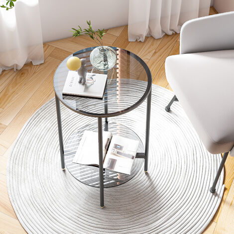 2 Tier Side Table Round Tempered Glass Coffee Center Table End Table for Living Room, Home, Offices