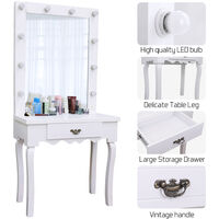 White Makeup Dressing Table with 10 Light Bulbs 1 Drawer Hollywood Vanity Mirror
