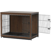 Wooden Wire Pet Kennel Double Doors Furniture End Table Dog Crate with Toilet Tray, Extra Large 97.5 x 59 x 75.7 cm