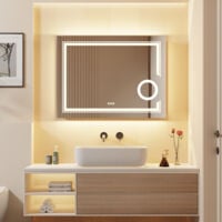 Large Backlit LED Illuminated Modern Bathroom Mirror with Demister Round 3x Magnifier, 900 x 700mm