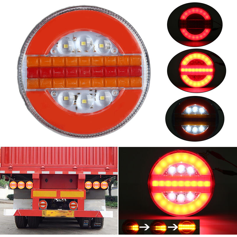  D-TECH 2Pcs 12V 24V Led Feux Arrière De Remorque,Feux Arrière  De Camion Hamburger,Feu Stop De Frein,Lampe Indicateur De Clignotant  Dynamique Camion Fourgons caravanes,Feux Arrière De Hamburger Rond