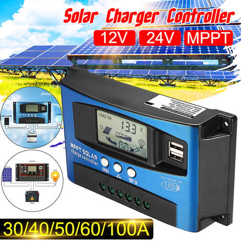 Contrôleur de charge solaire MPPT 40/50/60 / 100A, régulateur de batterie  intelligent de contrôleur de batterie de panneau solaire USB 12V 24V avec