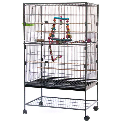 Jaula para pájaros, pajarera, pajarera de loros, con accesorios, soporte de almacenamiento con ruedas 78 x 52 x 132 cm - Nero