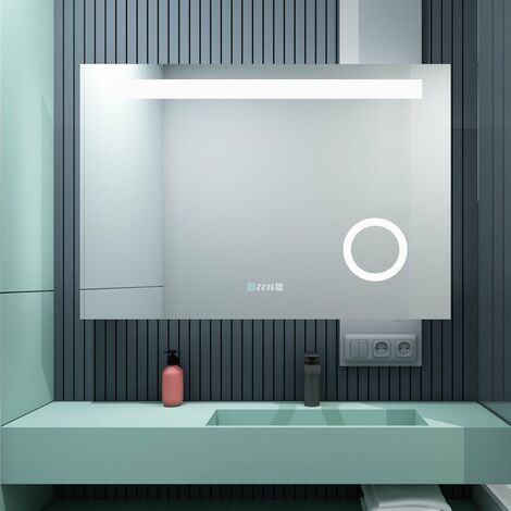 Badspiegel 100x70cm LED Badezimmerspiegel Wandspiegel mit 3-Fach Vergrößerung, Touch-Schalter, Digitaluhr [Energieklasse A++]beschlagfrei IP44 energiesparend