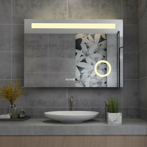 EMKE Badspiegel mit Ablage, Spiegel mit Beleuchtung Beschlagfrei 6400k  Lichtspiegel Wandspiegel mit Touch, Kaltweiß (Modell O) 50x70 cm