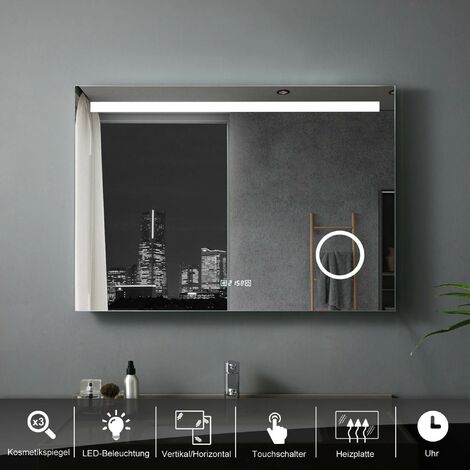 LISA Badspiegel 100x70cm mit Beleuchtung, Badezimmerspiegel Beschlagfrei Lichtspiegel Wandspiegel mit Touch-schalter+Anti-fog IP44 Energie sparen+Uhr+3-Fach Vergrößerung