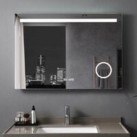 Badspiegel 100 x 70 cm mit Beleuchtung LED Rechteckig Badezimmer Badezimmerspiegel Wandspiegel mit Touchschalter Uhr Kosmetik 3 Lichtfarben Dimmbar