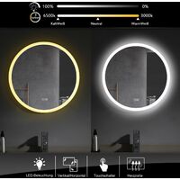 Badspiegel mit Beleuctung Rund 70cm Durchmesser LED 3 Lichtfarbe beschlagfrei Dimmbar Wandspiegel Bad Spiegel Touchschalter Badezimmerspiegel