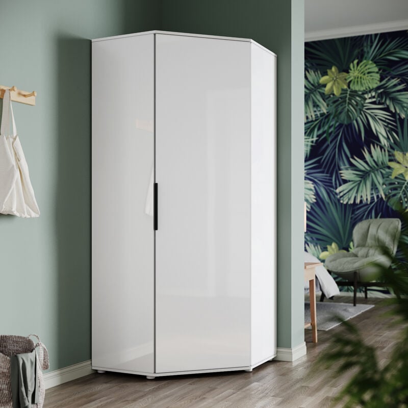 SIRHONA Armoire d'angle moderne avec rails de suspension Blanc brillant et mat Chambre à coucher Meuble de rangement