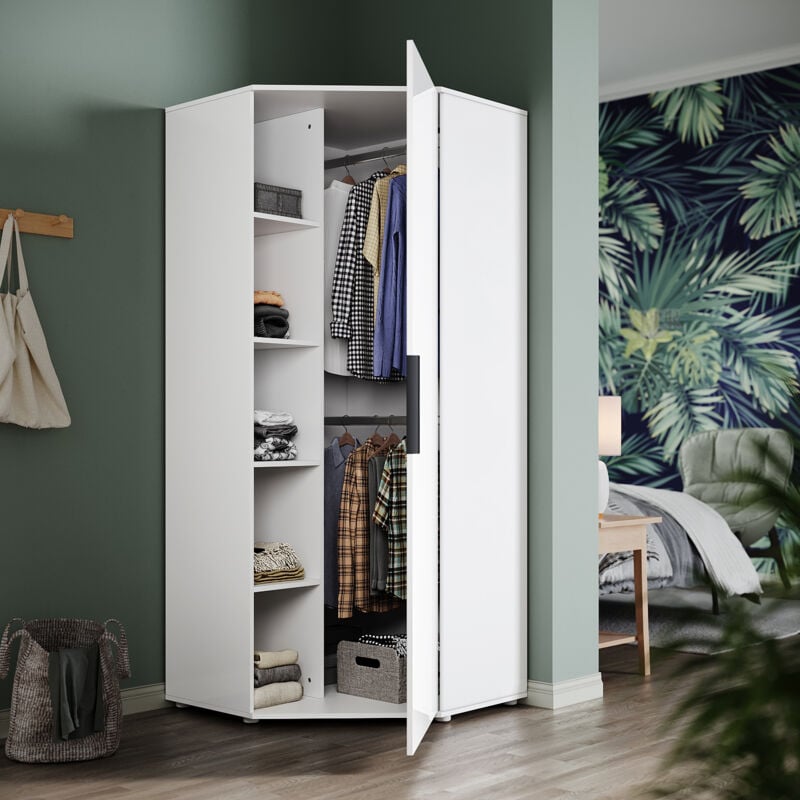 SIRHONA Armoire d'angle moderne avec rails de suspension Blanc brillant et mat Chambre à coucher Meuble de rangement 2
