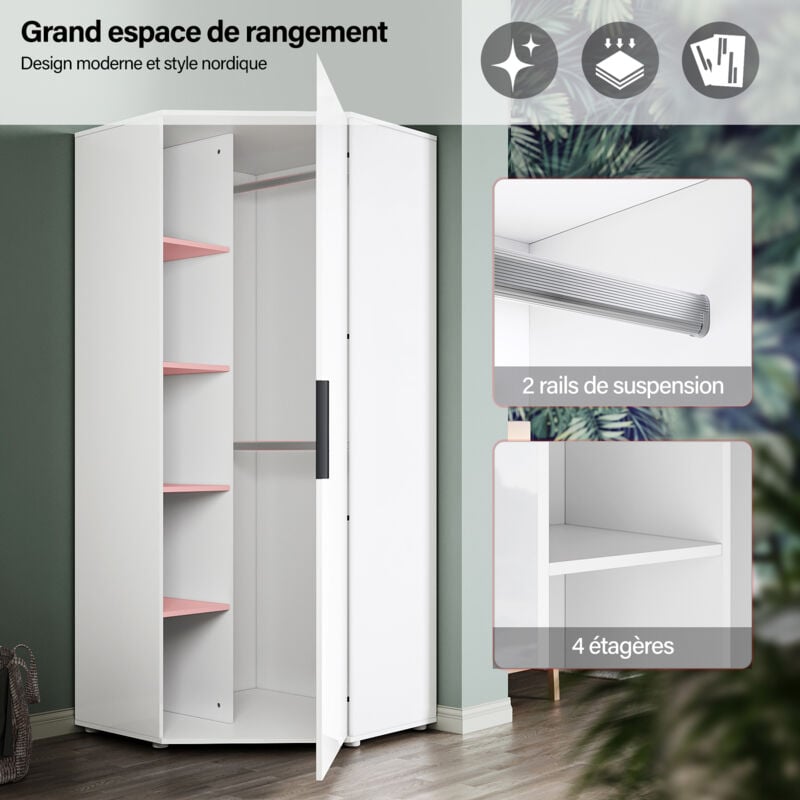 SIRHONA Armoire d'angle moderne avec rails de suspension Blanc brillant et mat Chambre à coucher Meuble de rangement 3