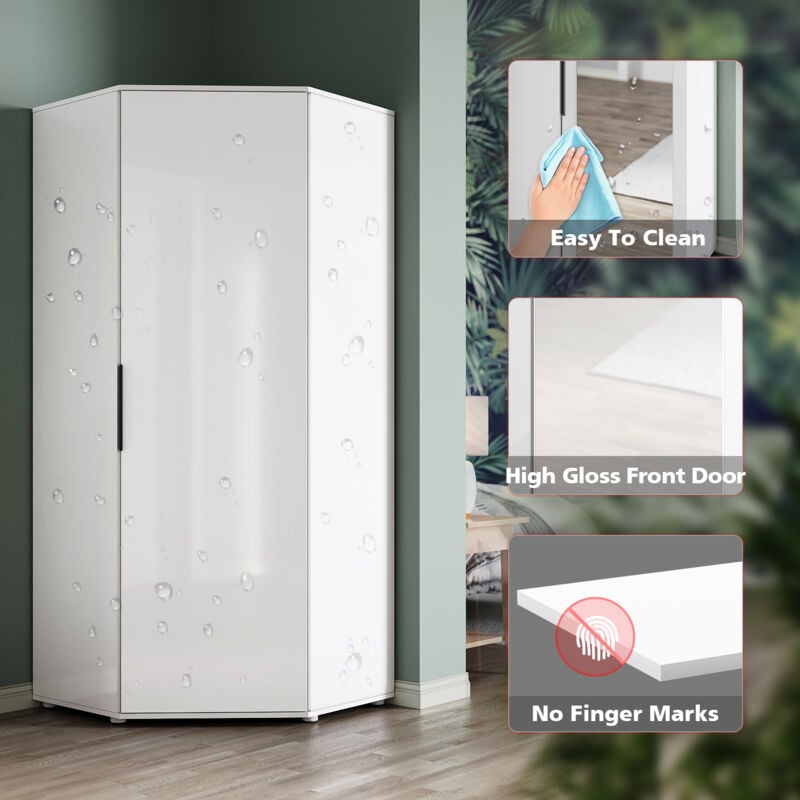SIRHONA Armoire d'angle moderne avec rails de suspension Blanc brillant et mat Chambre à coucher Meuble de rangement 4